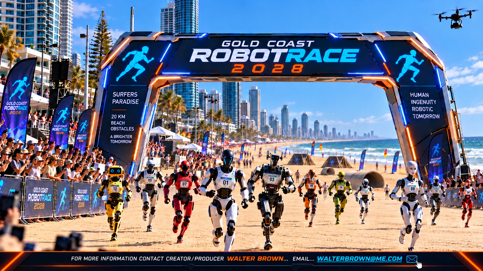 Gold Coast RobotRace 2028 concept image at Surfers Paradise with humanoid robots racing on the beach